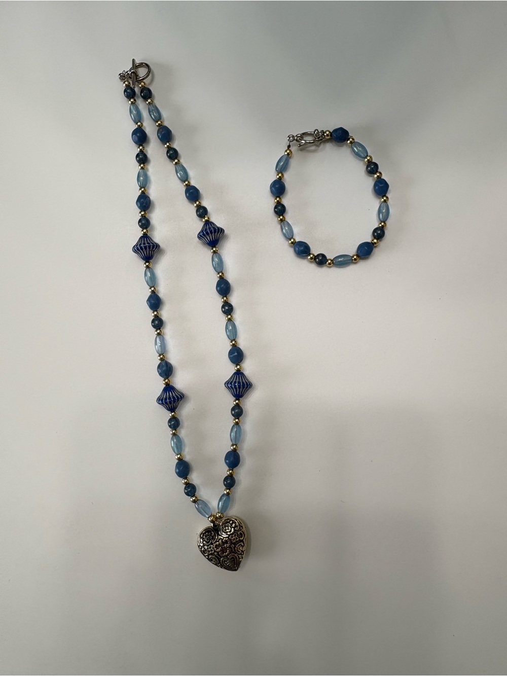 Blue Beaded Heart Pendant Necklace and Bracelet Set